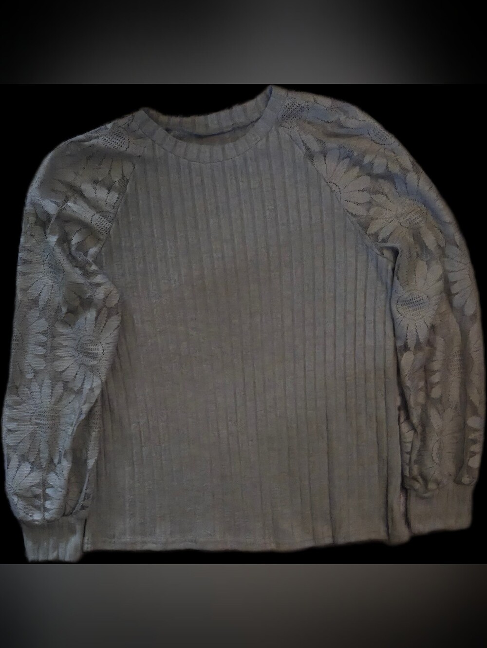 Shein Crewneck Ribbed Sweater with Floral Lace Sleeves - Gray